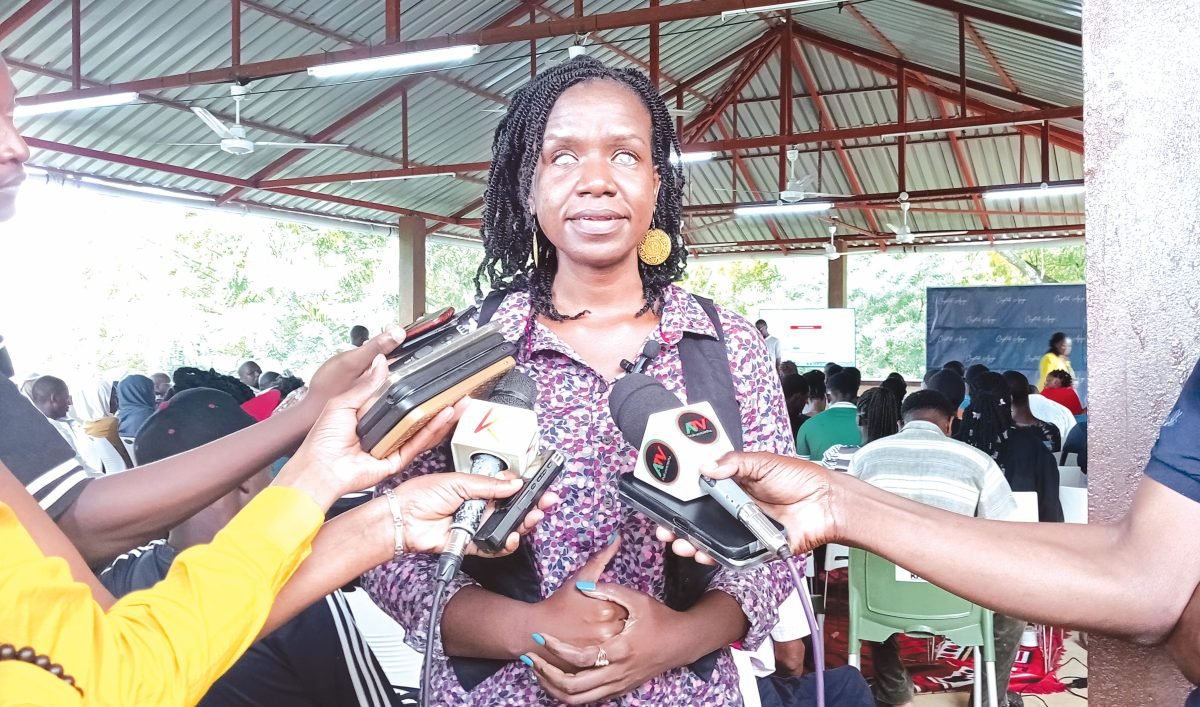 Senator Crystal Asige addressing the press at Swahilipot Hub in Mombasa. PD/Reuben Mwambingu