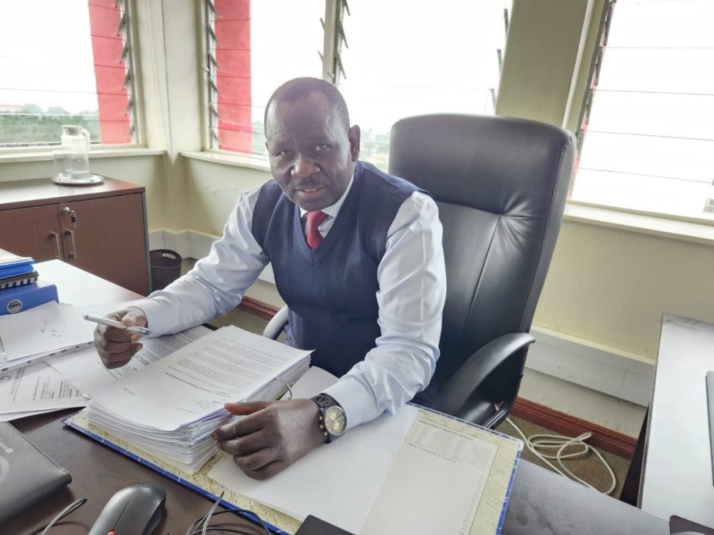 New Kesma CEO Stephen Ligawa addressing the press in his new office in Kisumu. PHOTO/Kepher Otieno