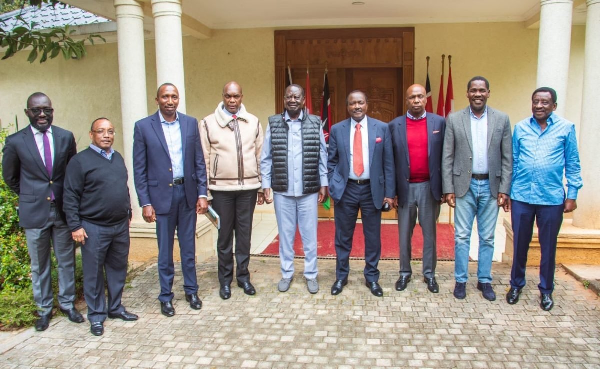 Raila Odinga pose with other Azimio leaders after a meeting on Wednesday, July 31, 2024. PHOTO/@TheODMparty/X