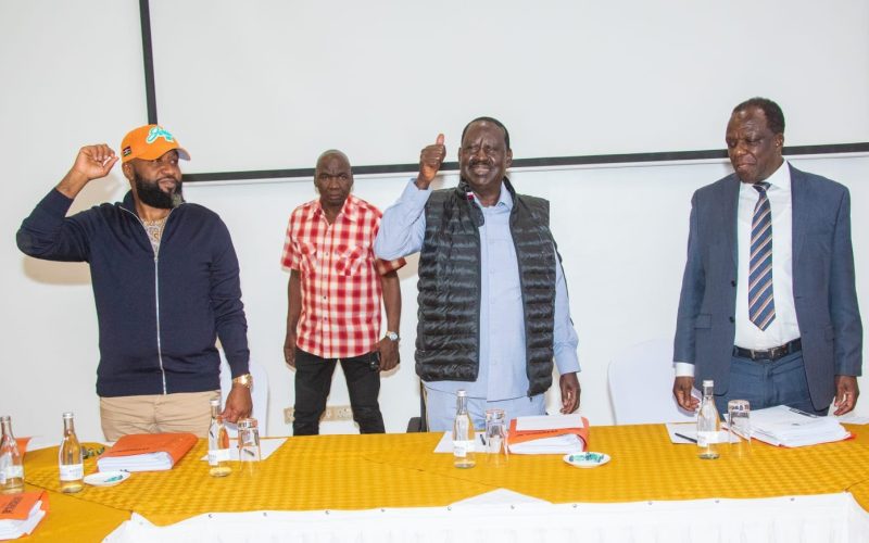 Raila Odinga with outgoing Deputy Party leaders Ali Hassan Joho and Wycliffe Ambetsa Oparanya on Wednesday July 31, 2024. PHOTO/@AzimioTv/X