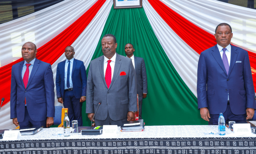 Head of Public Service Felix Koskei,Prime Cabinet Secretary Musalia Mudavadi and Attorney General Justin Muturi lead an NDIC meeting. PHOTO/@HonAdenDuale/X