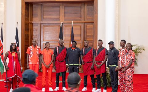 Athletes pose wearing Kenya's ceremonial kit. PHOTO/@moyasa_ke/X