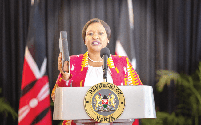 Tourism Cabinet Secretary Rebecca Miano takes the oath of office yesterday at State House in Nairobi. PHOTO/PCS