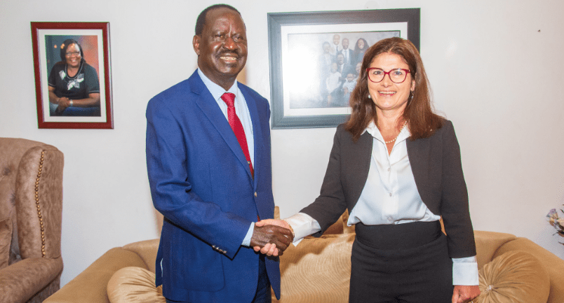 Opposition leader Raila Odinga with the European Union Ambassador to Kenya Henriette Geiger where they had discussions on required reforms to the African Union. PHOTO/Emmanuel Wanson