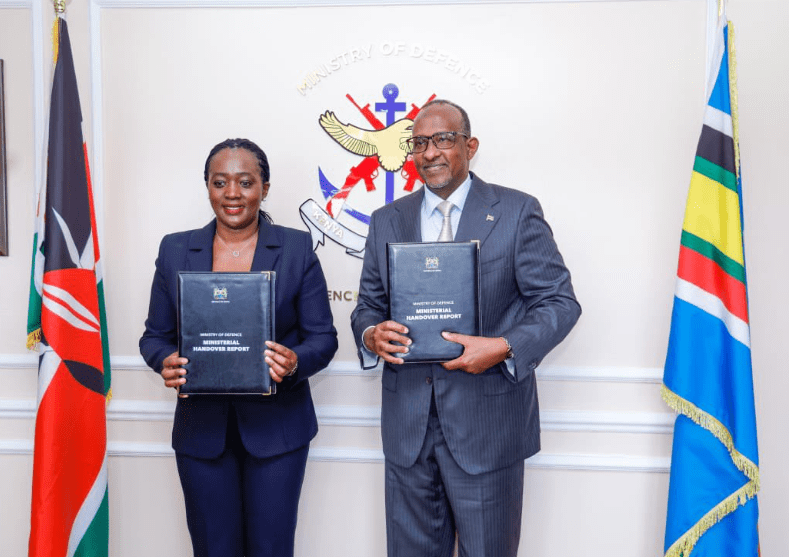 Defence CS Soipan Tuya and Environment CS Aden Duale during the handing over ceremony at Ulinzi House on Monday, August 12, 2024. PHOTO/@HonTuya/X