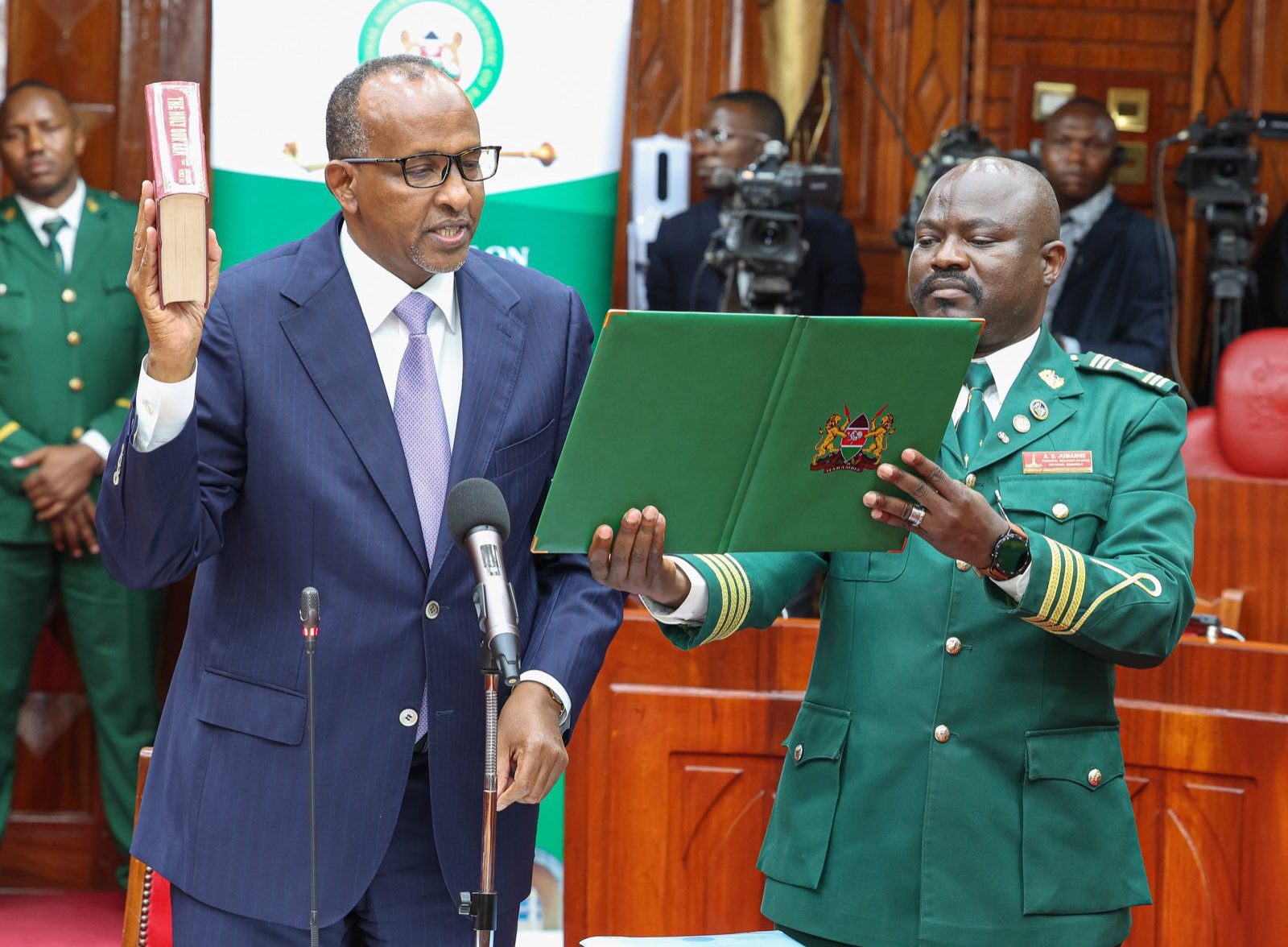 Ministry of Environment, Climate Change and Forestry Cabinet nominee Aden Duale taking oath when he appeared before parliament for vetting on Friday, August, 2, 2024. PHOTO/@NAssemblyKE/X