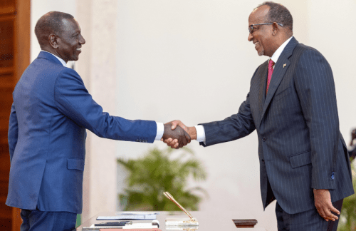 Cabinet Secretary for Environment, Climate Change, and Forestry Aden Duale greets President William Ruto. PHOTO/@HonAdenDuale/X