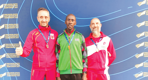 Kenya’s Kenneth Mburu Mung’ara (C) poses for a photo moment with Victor Ramon Martinez of Spain (L) and Laust Bengtsen (R) of Denmark after a medal ceremony in Gothenburg, Sweden. PHOTO/Vincent Voiyoh