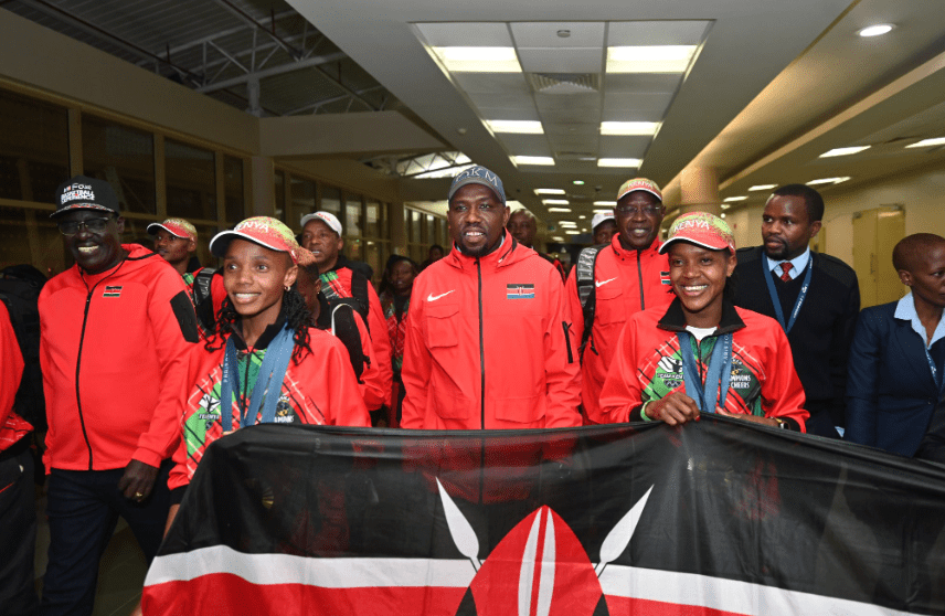 Sports Cabinet Secretary, Kipchumba Murkomen and Sports Permanent Secretary, Peter Tum as they welcomed Team Kenya athletes. PHOTO/@kipmurkomen/X