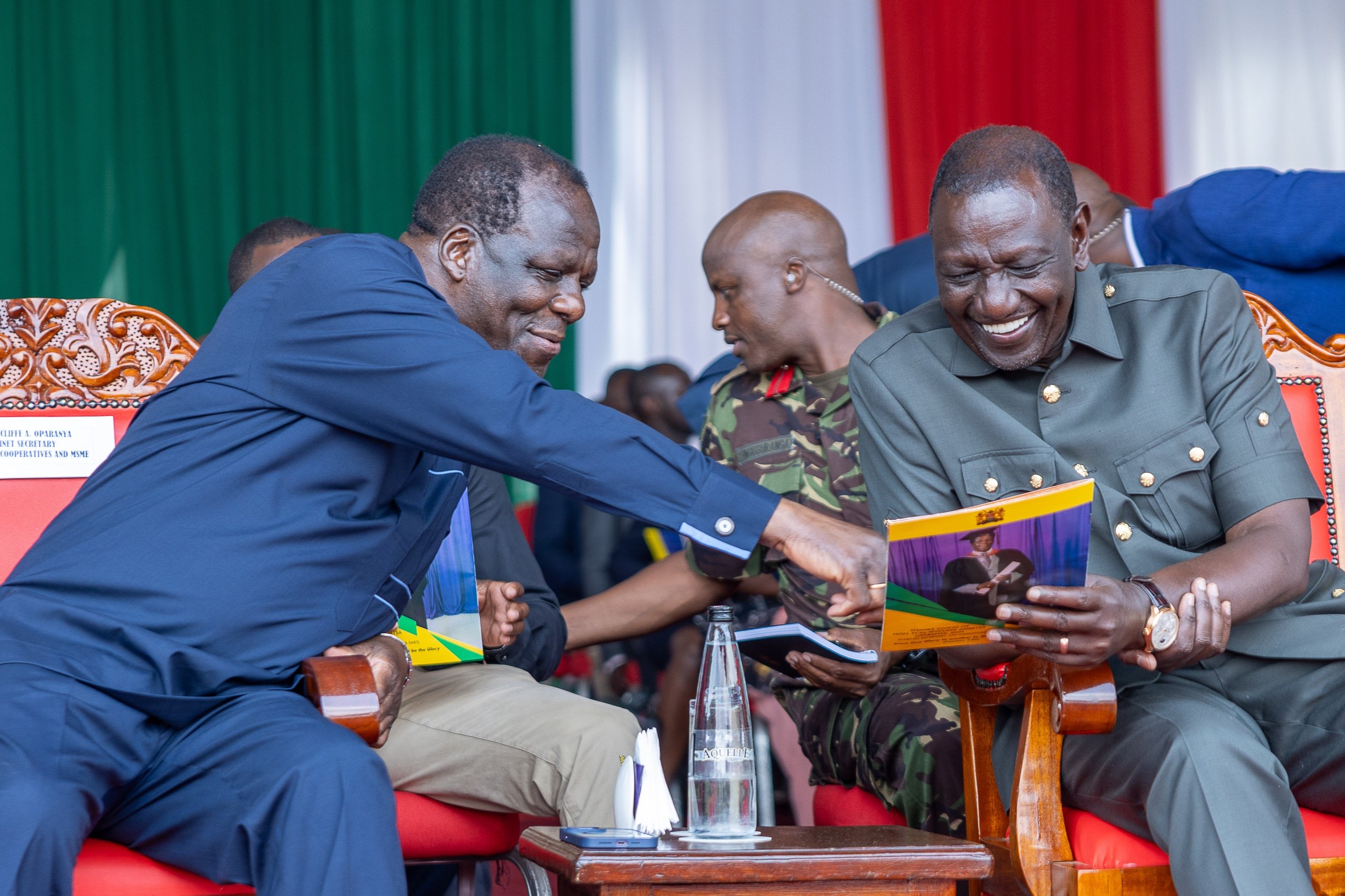 President William Ruto and Cooperatives and MSMEs Development CS Wycliffe Oparanya. PHOTO/@WilliamsRuto/X