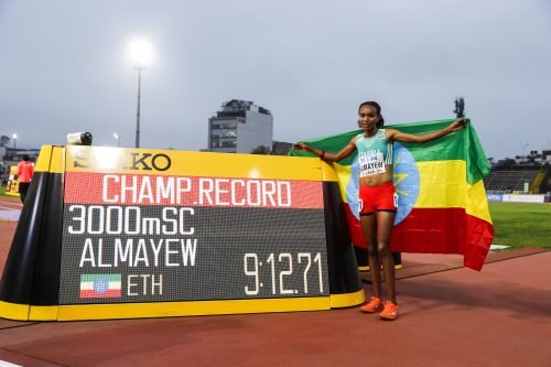 Sembo Almayew wins the 3000m steeplechase final, breaking the championship record in the process. PHOTO/@WorldAthletics/X