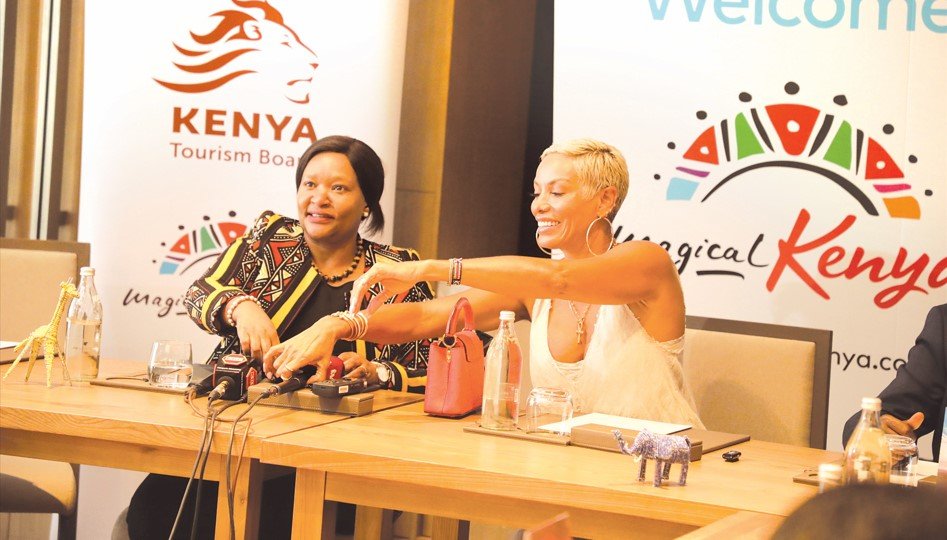 Tourism CS Rebecca Miano  (left) with renowned Hollywood actress, producer and former model Nicole Murphy in Nairobi yesterday. Murphy who is in the country on a one-week trip with Her team is set to film a documentary that will highlight Kenya’s beauty and challenge the African stereotypes that often permeate film and creative spaces. PHOTO/Bernard Malonza