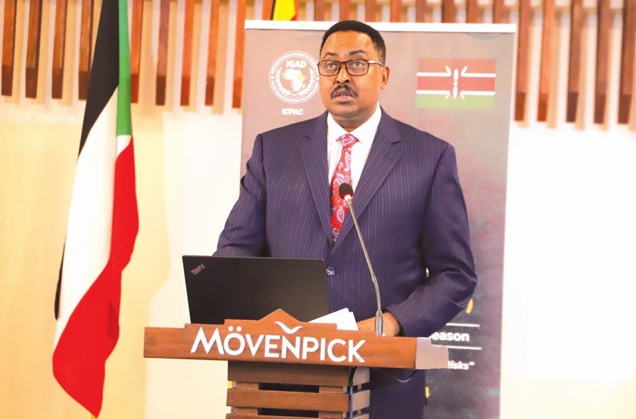 IGAD Executive Secretary Dr. Workneh Gebeyehu speaking during  the 68th Greater Horn of Africa Climate Outlook Forum in Nairobi. PHOTO/SOLOMON MUINGI