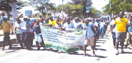 Teachers allied to the KUPPET in Kisumu county take part in a strike
