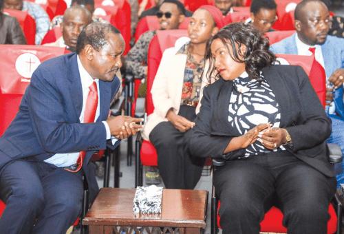 Wiper leader Kalonzo Musyoka talks with Machakos governer Wavinya Ndeti at journalist Mercy Mawia’s memorial service at AIC Milimani in Nairobi on August 1,2024. PHOTO/Gastone Valusi