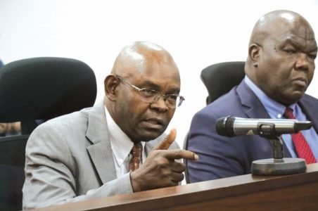 Central Bank of Kenya Governor Kamau Thugge and General Counsel Kennedy Abuga before the National Assembly’s Departmental Committee on Finance and National Planning yesterday. PHOTO/KENNA CLAUDE