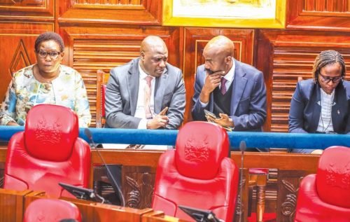 Embattled Meru Governor, Kawira Mwangaza and her legal team Elias Mutuma (centre) and Elisha Ongoya (right) at the Senate Chambers. PHOTO/Kenna Claude