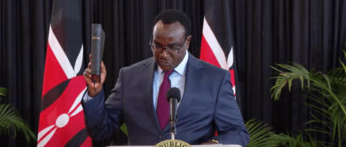 Education Cabinet Secretary Julius Migos during the swearing-in ceremony at State House, Nairobi on Thursday August 8, 2024. PHOTO/Screengrab by People Daily Digital