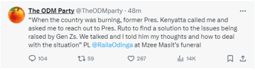 A statement from ODM Party official page showing Raila Odinga's speech on Tuesday, August, 13, 2024. PHOTO/ screengrab by K24 Digital/ODM/X