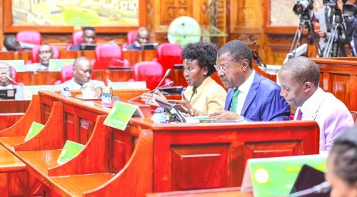 House Speaker Moses Wetang’ula (centre), Deputy Speaker Gladys Boss Sholei (left) and Clerk Samuel Njoroge during yesterday’s vetting of CS nominees. PHOTO/Kenna Claude