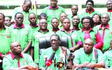 Officials of the giant teachers union Kenya National Union of Teachers led by the secretary general, Collins Oyuu at their offices in Nairobi. PHOTO /Kenna Claude