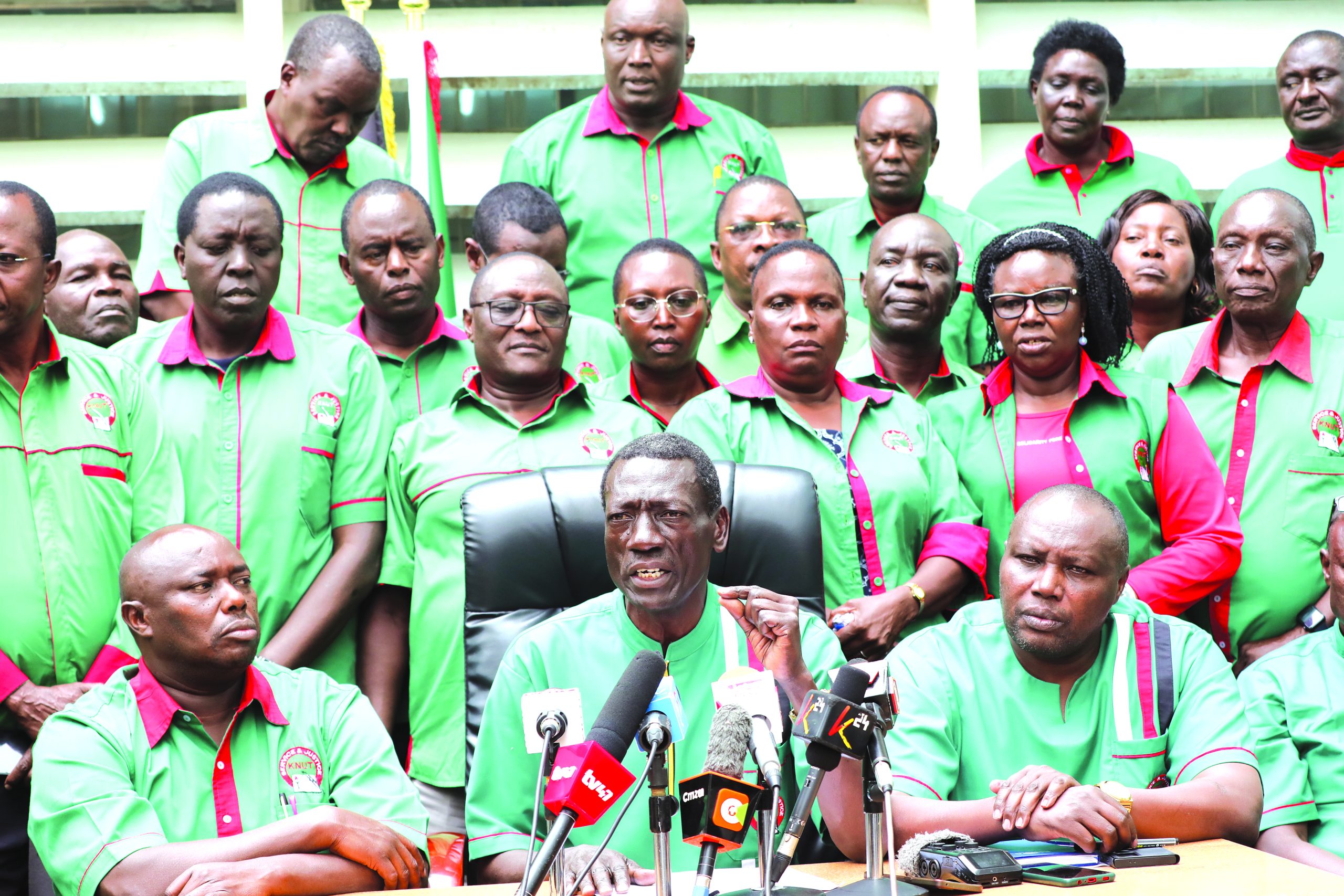 Officials of the giant teachers union Kenya National Union of Teachers led by the secretary general, Collins Oyuu at their offices in Nairobi. PHOTO /Kenna Claude