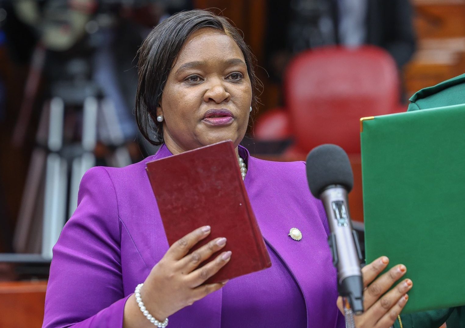 Tourism CS nominee Rebecca Miano taking oath during her vetting on Saturday, August 3, 2024. PHOTO/@NAssemblyKE/X