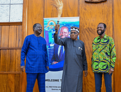 ODM leader Raila Odinga, former Nigeria President Olusegun Obasanjo and Kisumu Governor Anyang' Nyong'o in Kisumu.