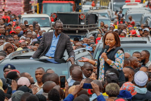 President William Ruto and Kirinyaga County Governor Anne Waiguru during a roadside rally in Kirinyaga on Saturday, August 10, 2024. PHOTO/@AnneWaiguru/X