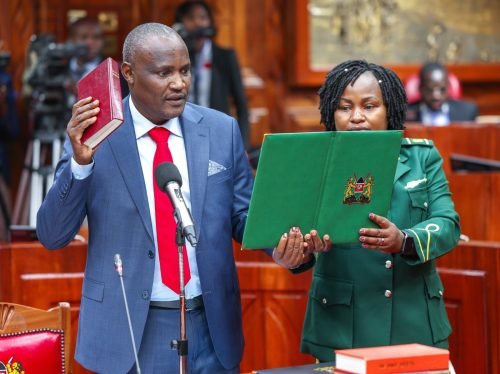 National Treasury Cabinet Secretary nominee John Mbadi taking the oath before facing the Committee on Appointments on Saturday August 3, 2024. PHOTO/@NAssemblyKE/X