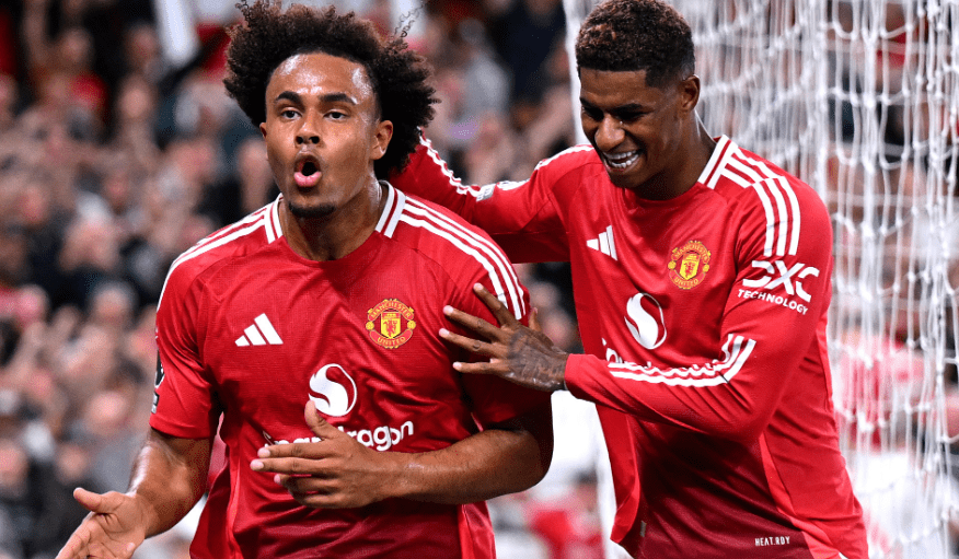 Manchester United forward Joshua Zirkzee celebrating his debut goal against Fulham with Marcus Rashford on Friday August 16, 2024. PHOTO/@premierleague/X