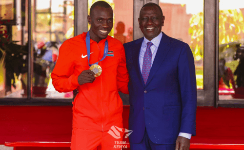 President William Ruto and 800M Paris Olympic games gold medalist Emmanuel Wanyonyi at Eldoret State Lodge on Thursday, August 15, 2024. PHOTO/@OlympicsKe/X