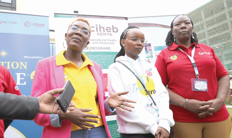 Senior technical advisor CIHEB-Kenya Connect Emma Momanyi (left) with the President, Operation Triple Zero-Kenya Damaris Nyamweya (centre) and Senior technical advisor USAid Stawisha Pwani-Coast region Rose Nyaboke address journalists in Nairobi on Wednesday. PHOTO/Bernard Malonza