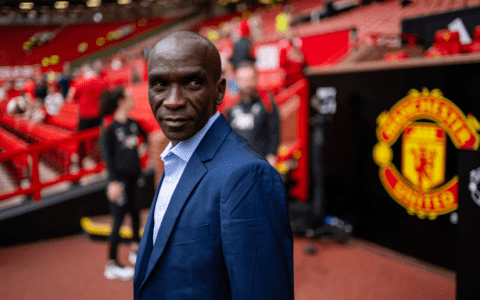 Eliud Kipchoge at Old Trafford for the Manchester United-Liverpool game. PHOTO/@Manunited/X