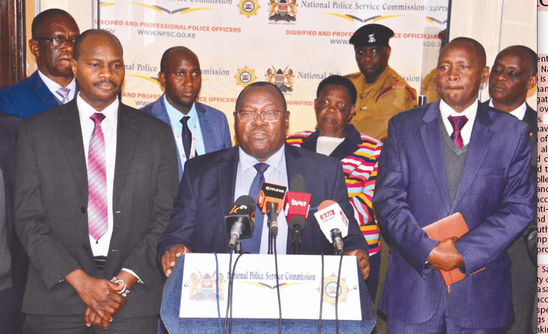 Kenya Police Service Commission Chairman Eliud Kinuthia addressing the media. PHOTO/ Philip Kamakya