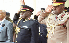 Newly appointed Inspector General of Police Douglas Kanja and his deputy in charge of Administration Police Gilbert Masengeli during a media brief at the National Police Service headquarters in Nairobi, yesterday. PHOTO/Kenna Claude