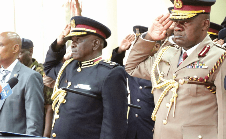 Newly appointed Inspector General of Police Douglas Kanja and his deputy in charge of Administration Police Gilbert Masengeli during a media brief at the National Police Service headquarters in Nairobi, yesterday. PHOTO/Kenna Claude