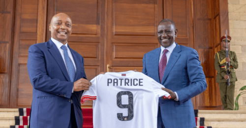 President William Ruto hands Confederation of Africa Football President Patrice Motsepe a Harambee Stars jersey, State House Nairobi. PHOTO/https://www.facebook.com/williamsamoei