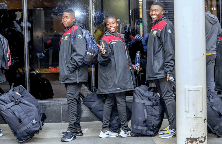 Part of the Junior Starlets players at the Jomo Kenyatta International Airport (JKIA) yesterday before boarding their flight to Spain. PHOTO/FKF