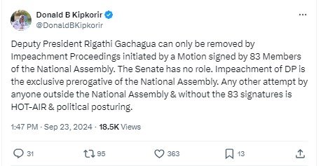 A screenshot of Donald Kipkorir's response to a censure motion filed against DP Gachagua. PHOTO/Screengrab by People Daily Digital 