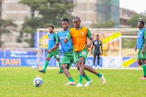 Harambee Stars' Kenneth Muguna and Teddy Akumu in a training session. PHOTO/@Harambee__Stars/X