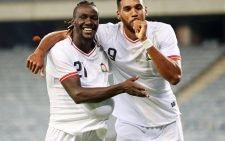 John Avire and Jonah Ayunga celebrate the goal for Harambee Stars vs Namibia. PHOTO/@Harambee__Stars/X