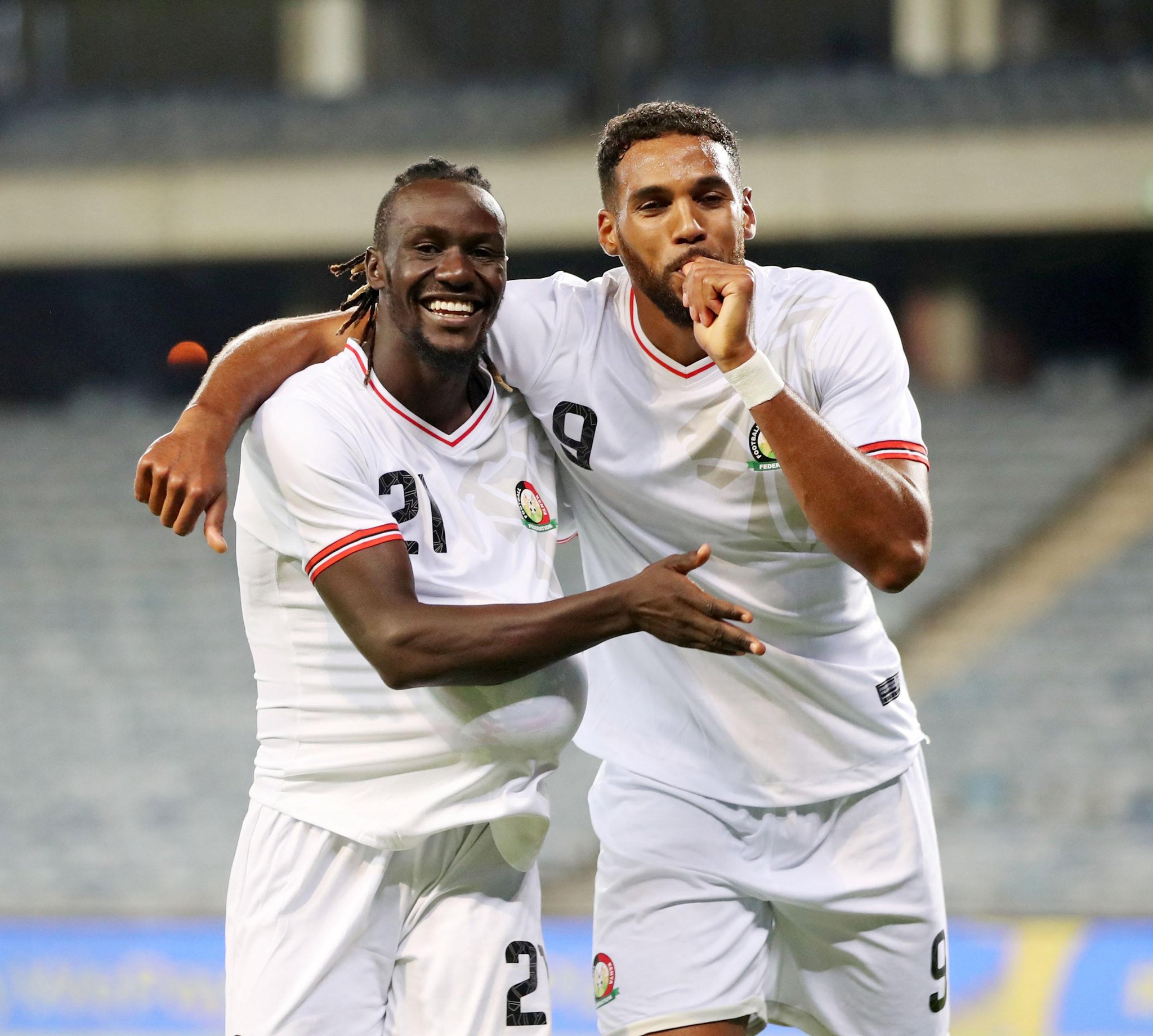 John Avire and Jonah Ayunga celebrate the goal for Harambee Stars vs Namibia. PHOTO/@Harambee__Stars/X