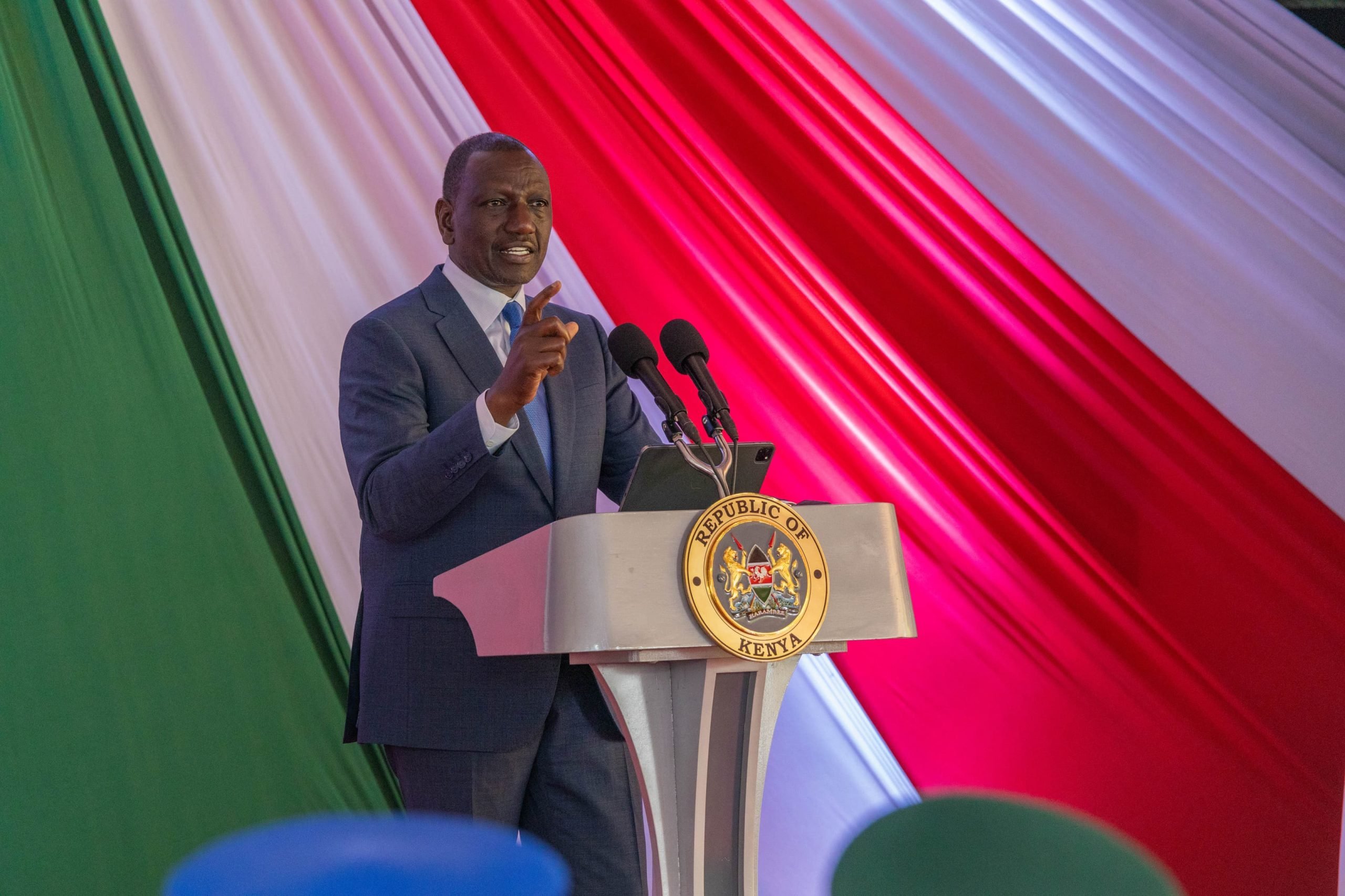 President William Ruto at the Kenya School of Government in Lower Kabete, Nairobi County, during the launch of the strategic framework for the implementation of terms of service for the police, prisons, and the National Youth Service by President William Ruto. PHOTO/@WilliamsRuto/