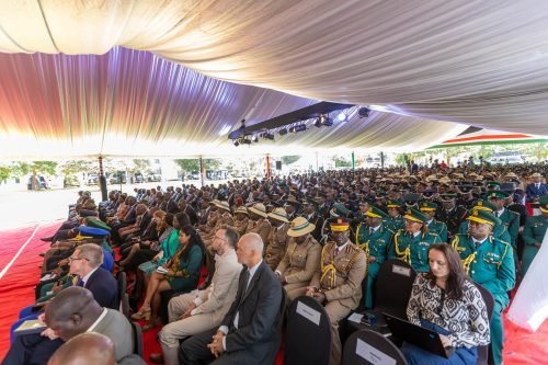 Security chiefs at the Kenya School of Government in Lower Kabete, Nairobi County, during the launch of the strategic framework for the implementation of terms of service for the Police, Prisons and the National Youth Service by President William Ruto. PHOTO/@WilliamsRuto/