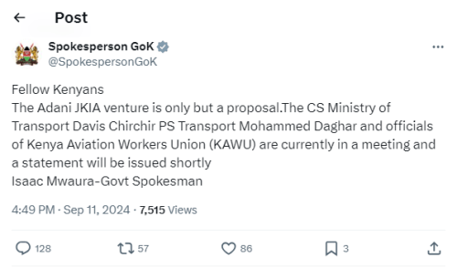A statement shared by Government Spokesperson Isaac Mwaura on Wednesday, September 11, 2024. PHOTO/@SpokespersonGoK/X