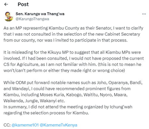 A statement shared by Kiambu Senator Karungo Thang'wa on X on Wednesday, September 4, 2024. PHOTO/ Screengrab by PD Digital/@KarungoThangwa/X