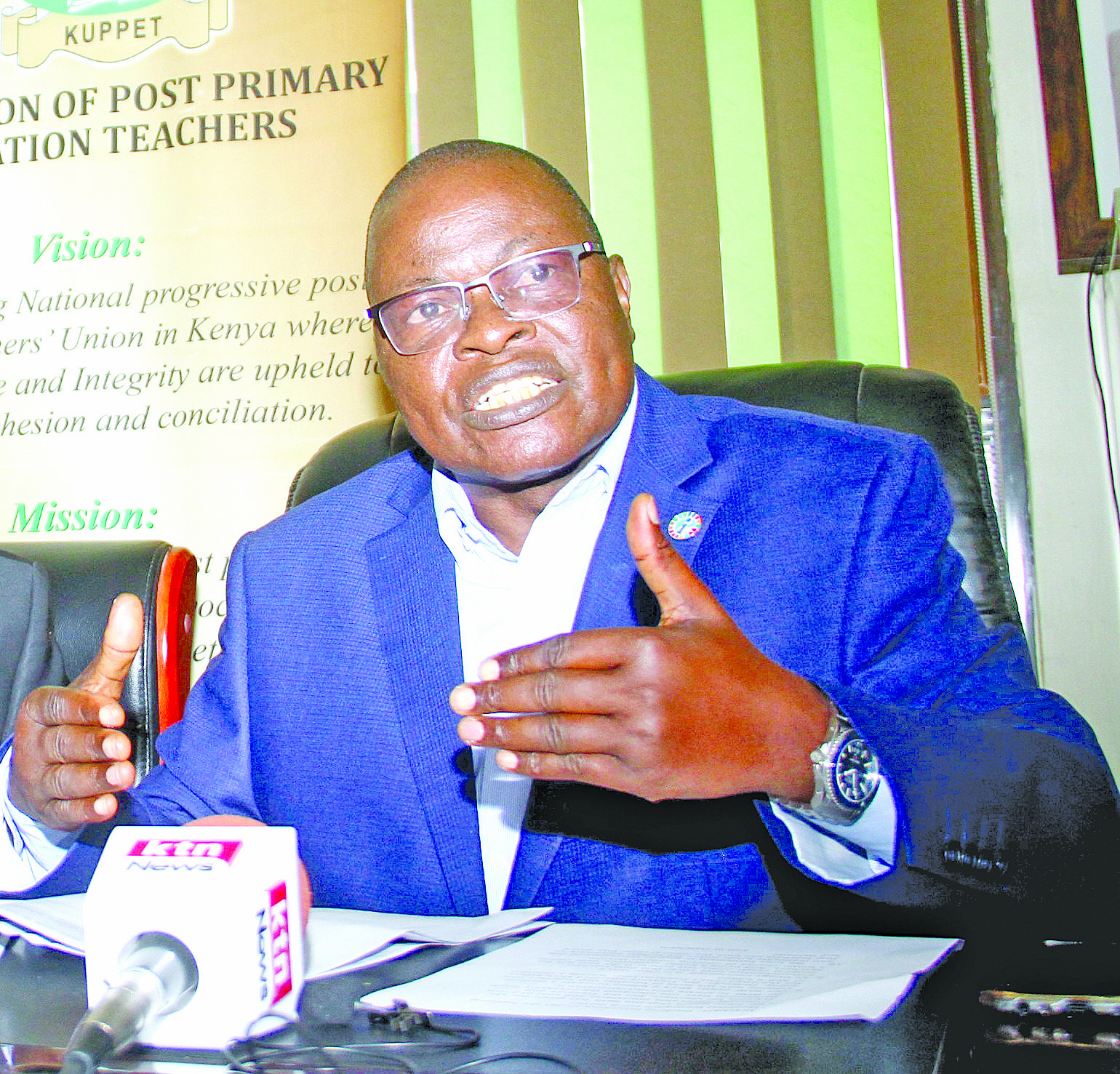 Kenya Union of Post Primary Education Teachers (Kuppet) Secretary General Akello Misori speaks at his office during the recent strike in which he negotiated for a truce and return to work formula with the Teachers Service Commission. PHOTO/Print