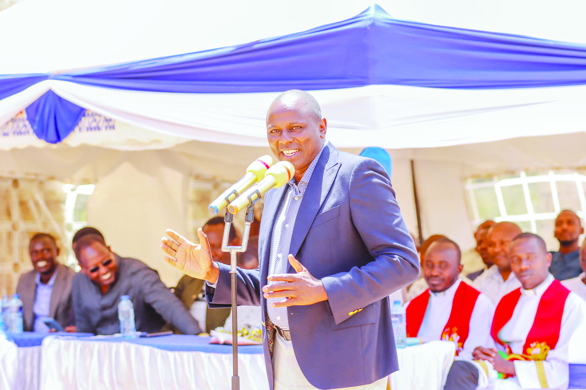 National Assembly Majority Leader Kimani Ichung’wah addresses congregants at MCK Maundu Church in Meru County yesterday. The Kikuyu constituency MP is under siege for his politics. PHOTO/Print