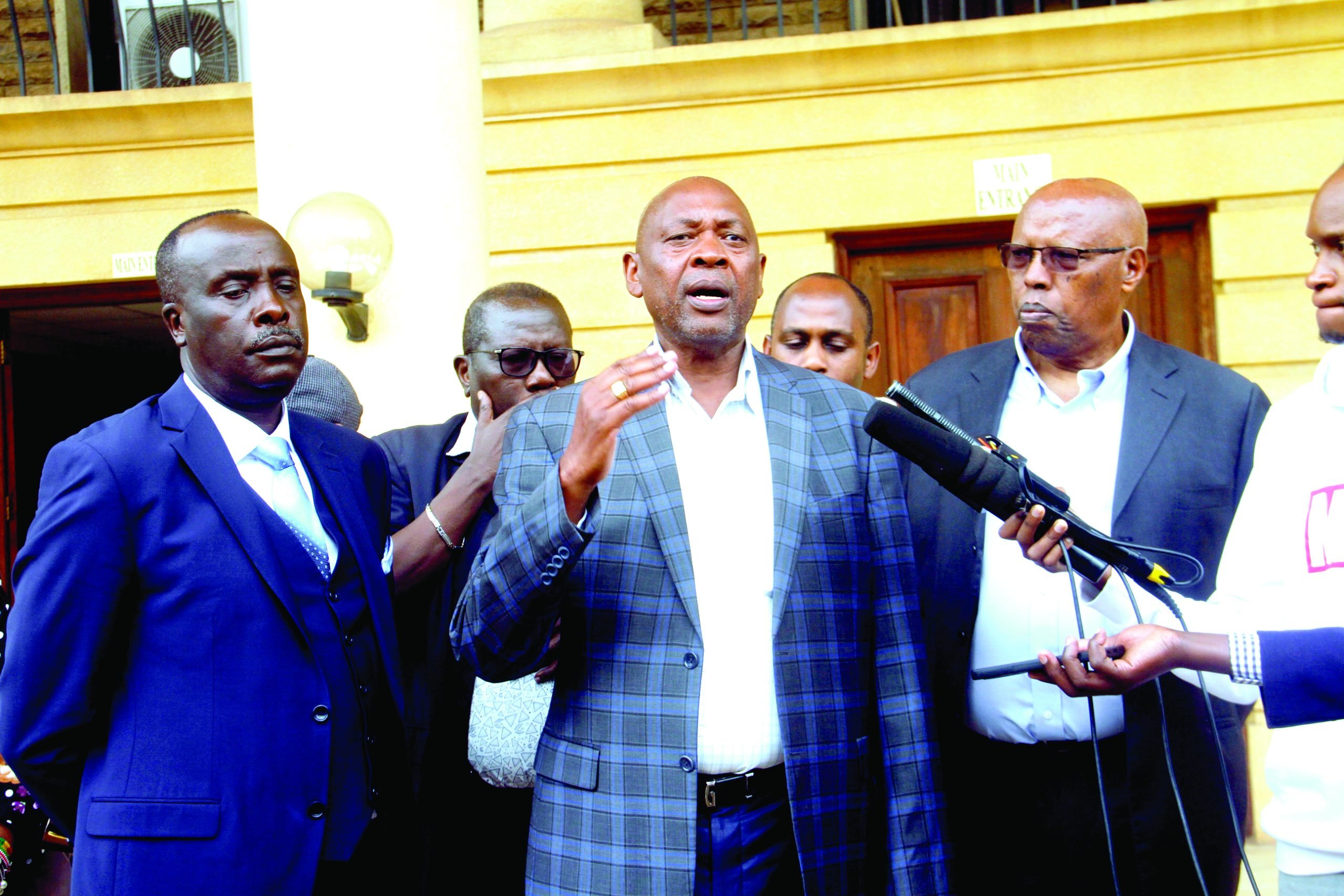 WRWS deputy chair Tirus Kimani addresses the media at Milimani Law Courts. PHOTO/CHARLES MATHAI